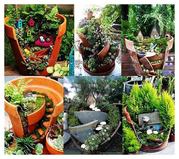 Как да украсим градината със счупени саксии